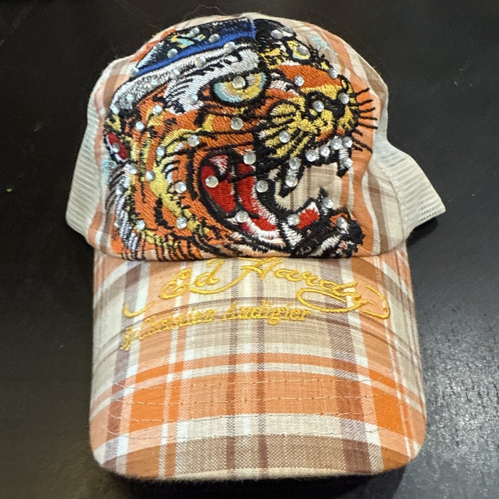 Vtg Ed Hardy Trucker Hat Black Plaid Tattoo Tiger Embroidery Snapback. Stones